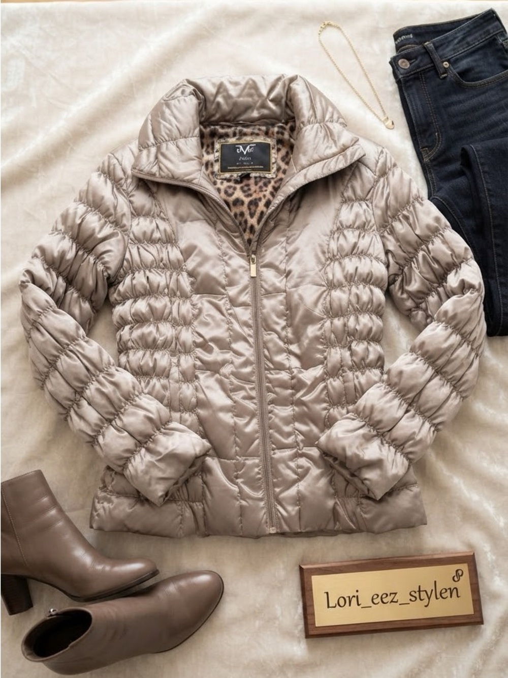 Versace Shimmery Taupe Quilted Puffer Jacket with Leopard Lining